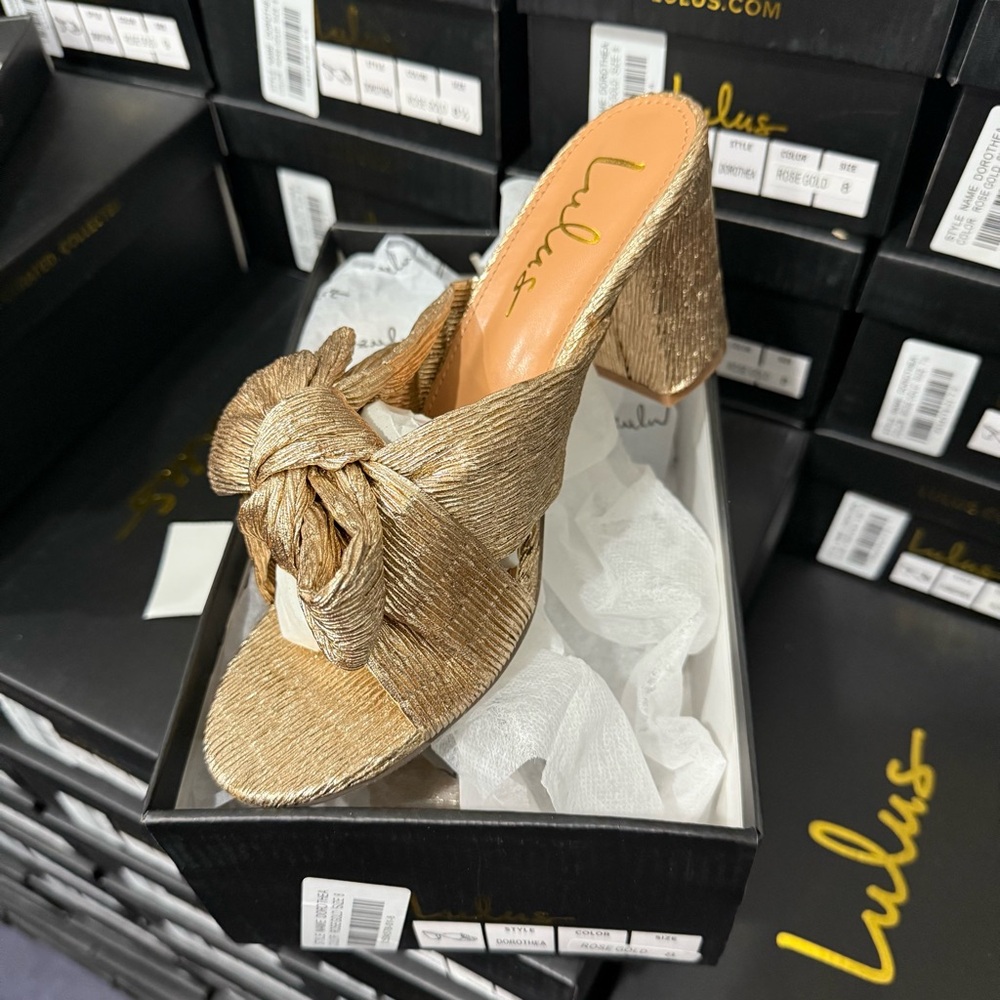 Lulu's Metallic Gold Knot Block Heel Mule